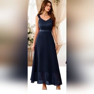 Cocktail, Evening, Navy Blue Sleeveless, Lace, Prom, Sequin, Wedding, Formal, S
